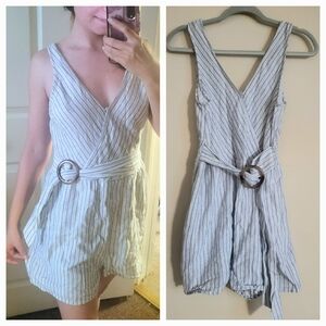 American Eagle Romper Linen Blend Striped Blue Belted Women's Small NEW NO TAGS